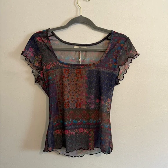 Natural Life Women Sheer Mesh Top Size M Square Neck Lettuce Hem Floral Boho NWT - Picture 6 of 7